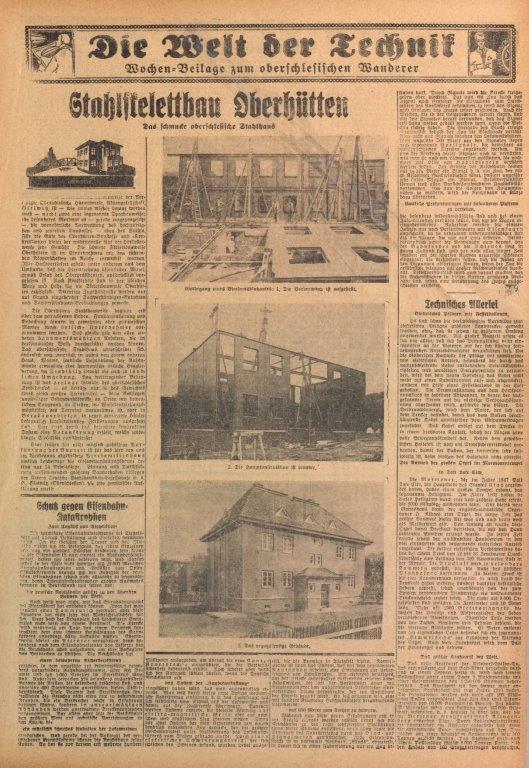 Fotografie przedstawiające etapy budowy stalowego domu przy obecnej ulicy Cmentarnej w Zabrzu, zamieszczone w czasopiśmie „Der Oberschlesische Wanderer”, 1928, R. 101, nr 137, Biblioteka Śląska w Katowicach