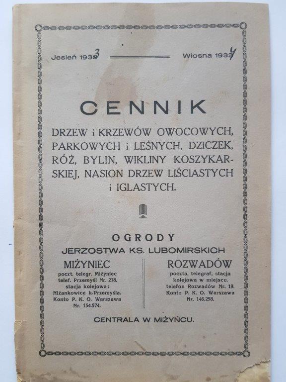 Okładka cennika szkółek Lubomirskich na jesień 1933 i wiosnę 1934, zbiory doktora Jakuba Dolatowskiego, licencja PD, Muzeum Regionalne w Stalowej Woli