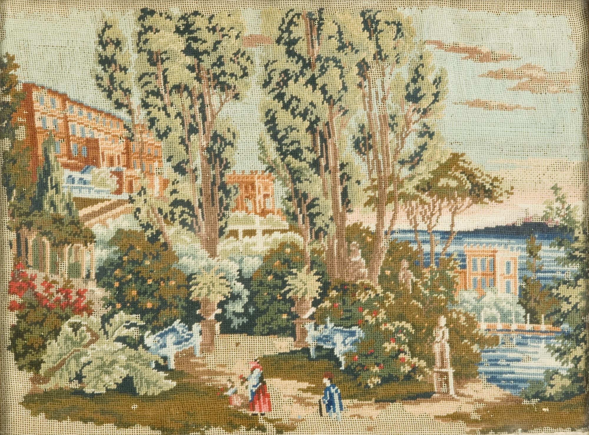 Obrazek haftowany przedstawiajacy dom, ogród i ludzi