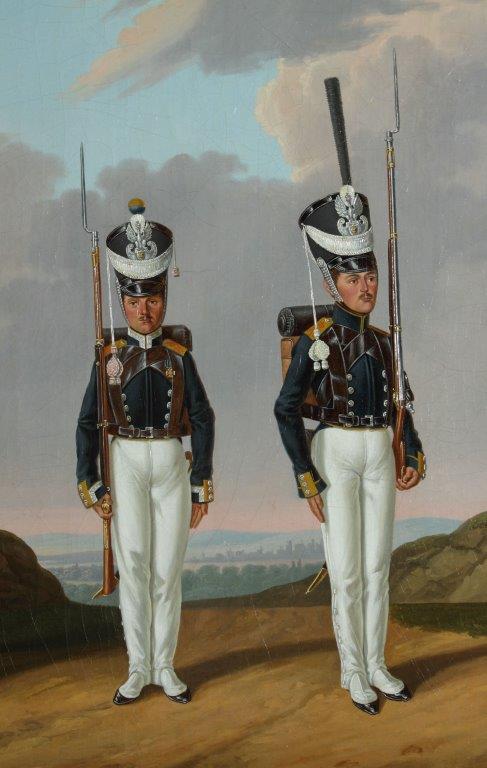 Żołnierze kompanii wyborczych pułku strzelców pieszych: woltyżer (z lewej) i grenadier (karabinier)