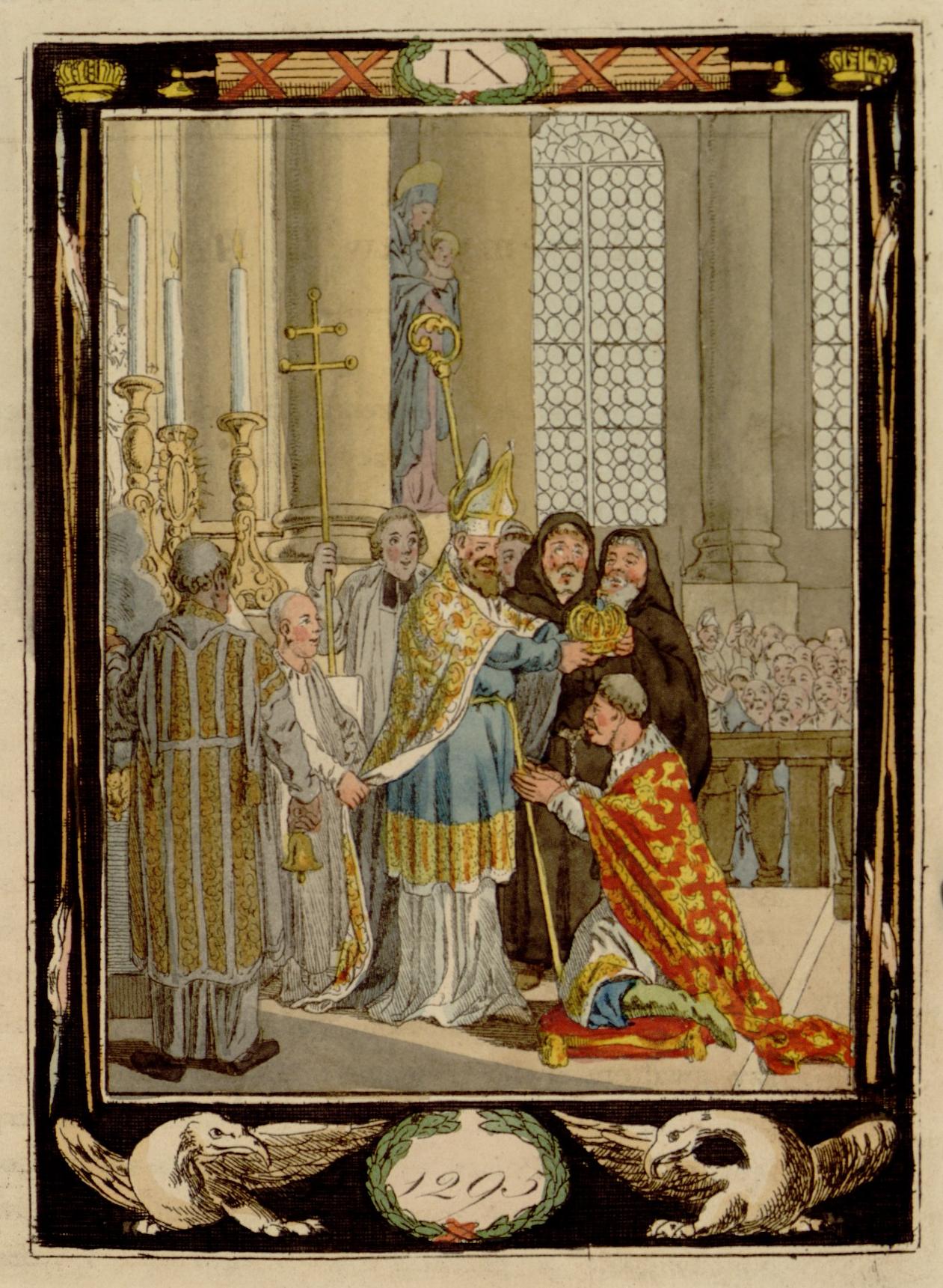 Wnętrze katedry. Starszy mężczyzna w płaszczu klęka na poduszce przed mężczyzną - biskupem, trzymającym nad głową klękającego koronę. Scenie przypatrują się mężczyźni