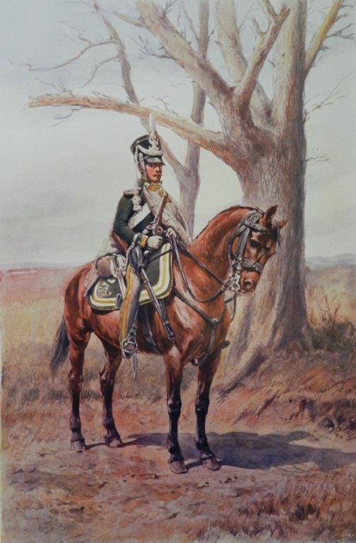 Strzelec konny gwardii Armii Królestwa Polskiego, ukazany na koniu, w tle pole i drzewo