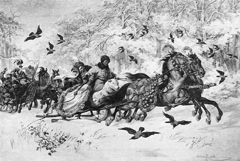 Para w zaprzeęgu cięgniętym przez dwa konie. w tle kolejne sanie. Zimowa sceneria