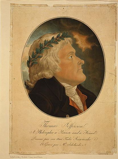 Kolorowy wizerunek Thomasa Jeffersona ukazanego z prawego profilu