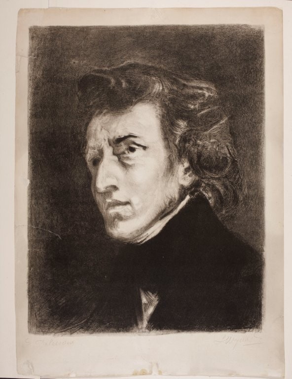 Leon Wyczółkowski, Reprodukcja z litografii Leona Wyczółkowskiego wykonanej według obrazu Eugene Delacroix Portret Fryderyka Chopina, 1906, licencja PD, Muzeum Narodowe w Warszawie, źródło: cyfrowe MNW
