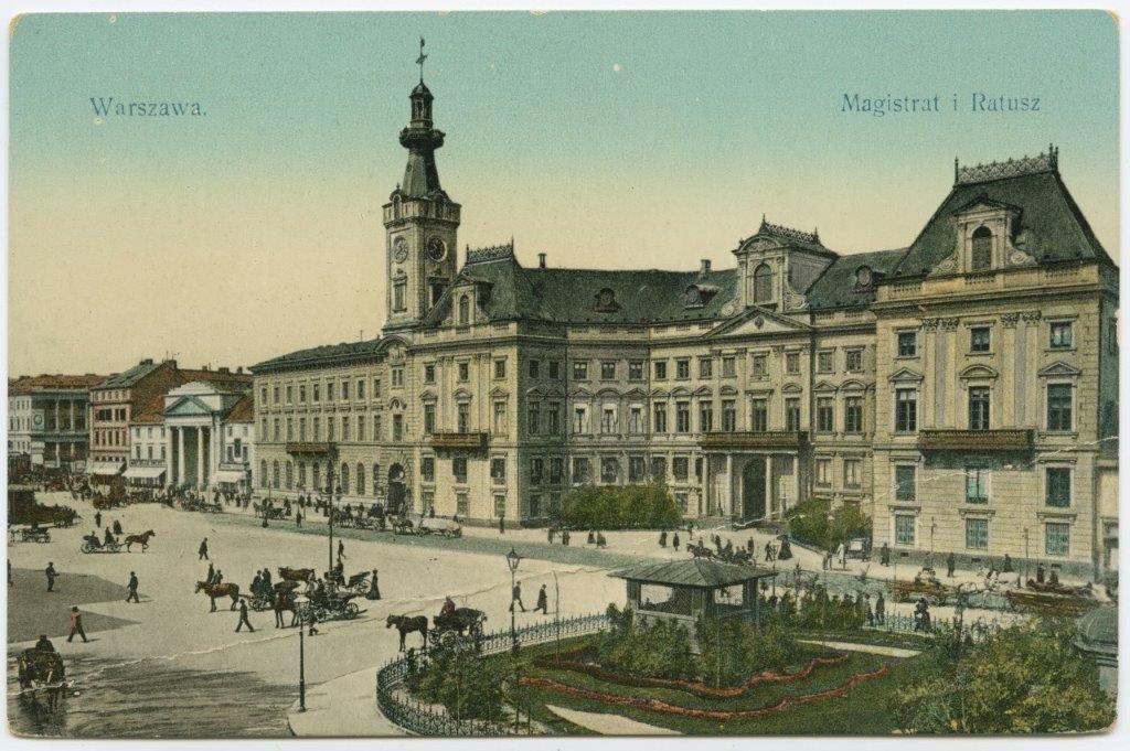 Ratusz przy placu Teatralnym, pocztówka wydana nakładem Konstantego Wojutyńskiego w Warszawie w 1912 roku, Muzeum Warszaw