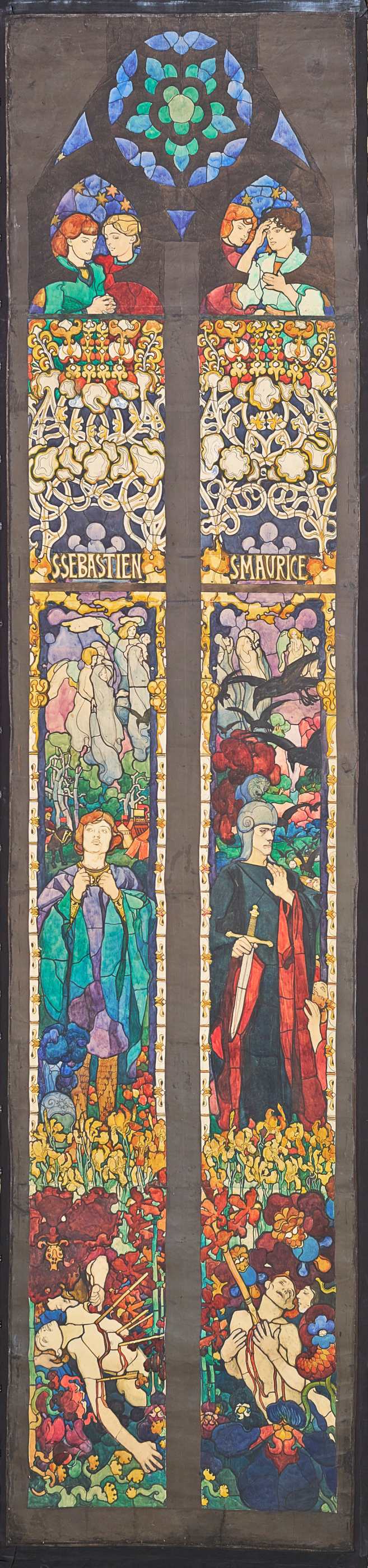 Józef Mehoffer, Św. Sebastian i Św. Maurycy, karton do prawego okna witraża Męczennicy w katedrze Świętego Mikołaja we Fryburgu, 1899, Muzeum Narodowe w Krakowie