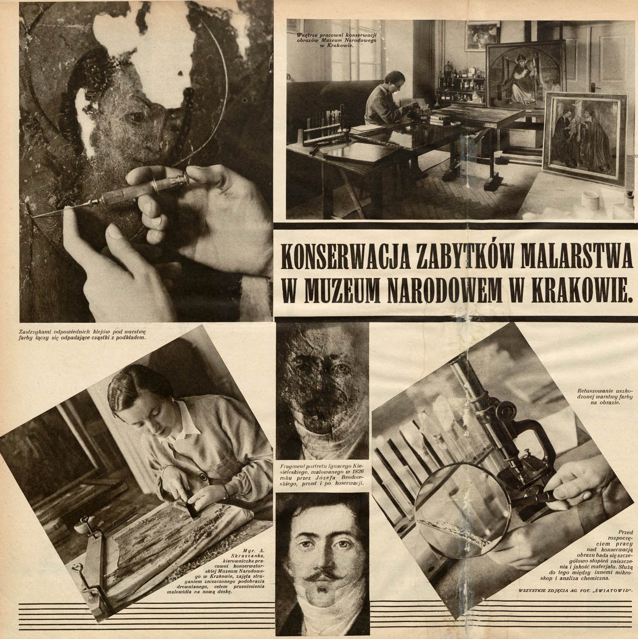 Fragment fotoreportażu poświęconego pracowni konserwatorskiej Muzeum Narodowego w Krakowie oraz Annie Skraszance-Schusterowej, „Światowid”, X 1936, Biblioteka Jagiellońska, licencja PD, źródło: Jagiellońska Biblioteka Cyfrowa