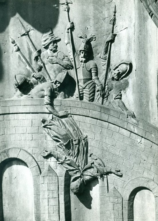 Jan Jerzy Urbański, Śmierć św. Jana Nepomucena. Fragment statuy św. Jana Nepomucena usytuowanej przed kościołem św. Krzyża we Wrocławiu, fot. Janina Mierzecka, 1960, licencja PD, Muzeum Książąt Lubomirskich w Zakładzie Narodowym imienia Ossolińskich