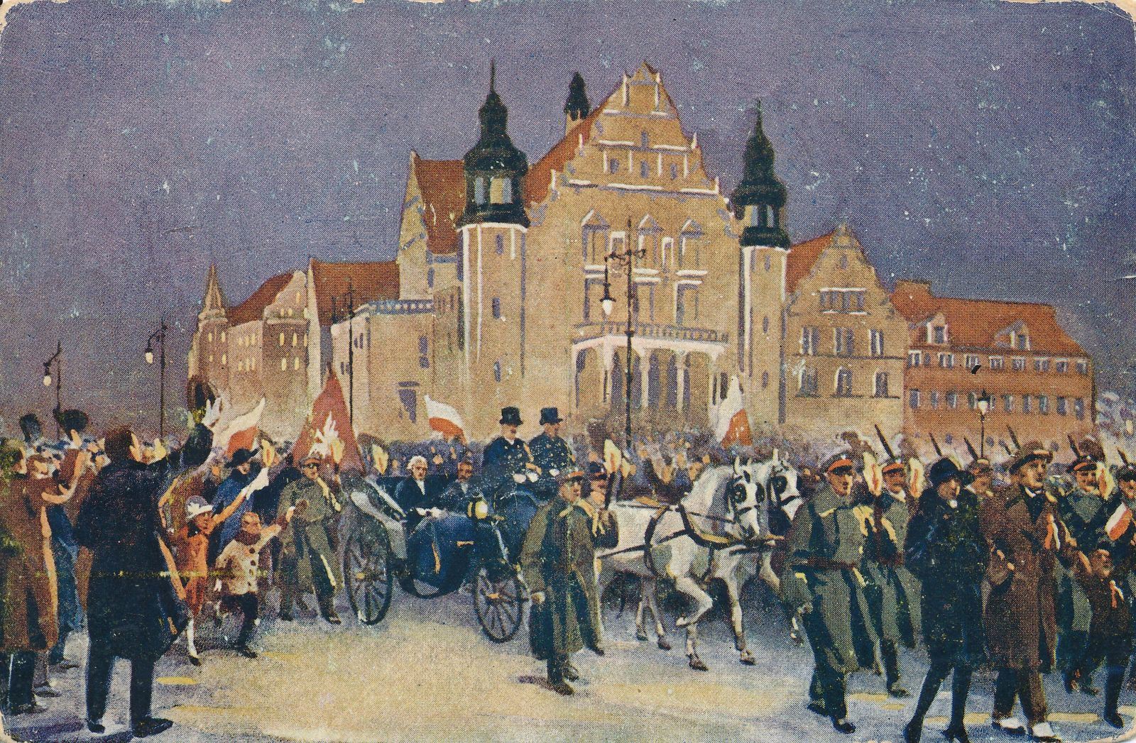 Przejazd Paderewskiego przez Poznań w dorożce, tłum wiwatuje